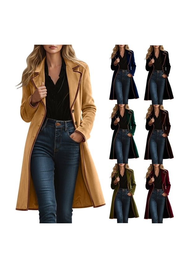Long Trench Coats for Women Casual Single Breasted Velvet Jackets Fall Winter Open Front Peacoat Notched Lapel Outerwear