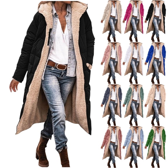 AGWOLF Long Winter Coats for Women Warm Oversized Fleece Puffer Down Jackets Full Zip Up Warm Outerwear with Hood Watermelon Red S