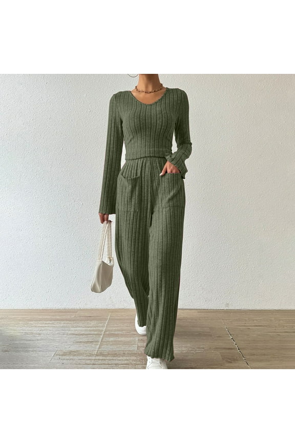 Lounge Sets for Women 2 Piece Ribbed Knitted Outfits Slim Fit Outfit Long Sleeve V Neck Crop Top and Wide Leg Pants Lounge Set