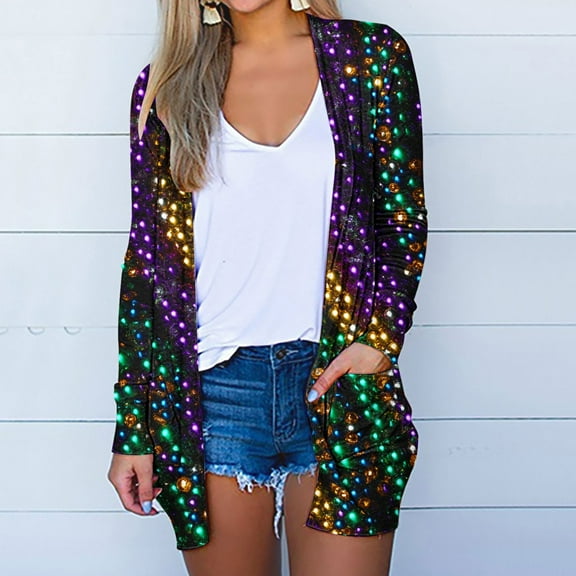 AGWOLF Mardi Gras Cardigan for Womens Fat Tuesday Lightweight Open Front Cardigans Carnival Theme Print Outwear