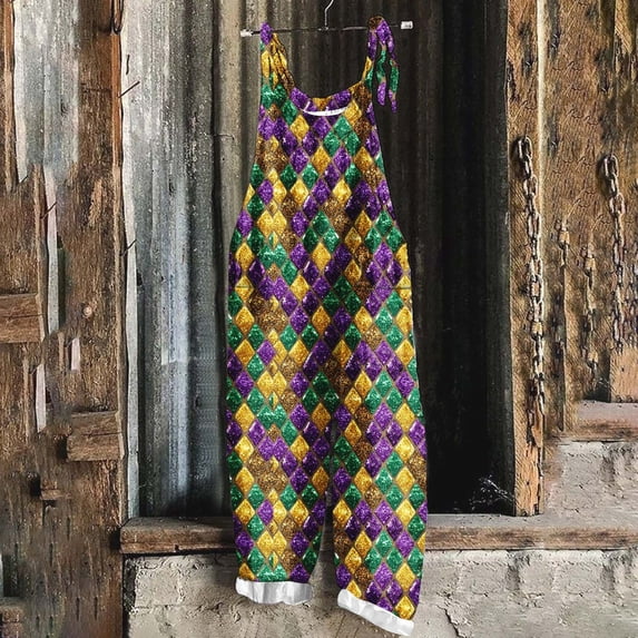 AGWOLF Mardi Gras Overalls for Women Plus Size Adjustable Straps Jumpsuits Purple Green Yellow Shiny Graphic Rompers with Pockets Carnival SeasonDrip Multicolor XXL