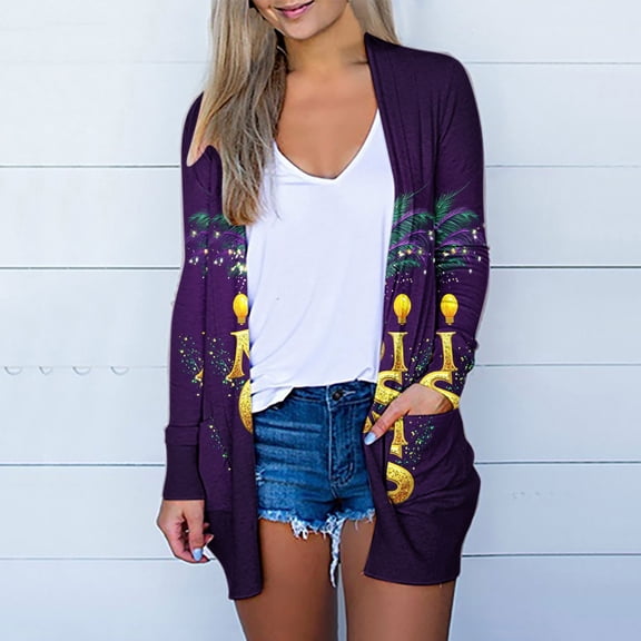 AGWOLF Mardi Gras Party Cardigan for Women Causal Open Front Long Sleeve Cardigans Carnival Graphic Trendy Tops with Pockets