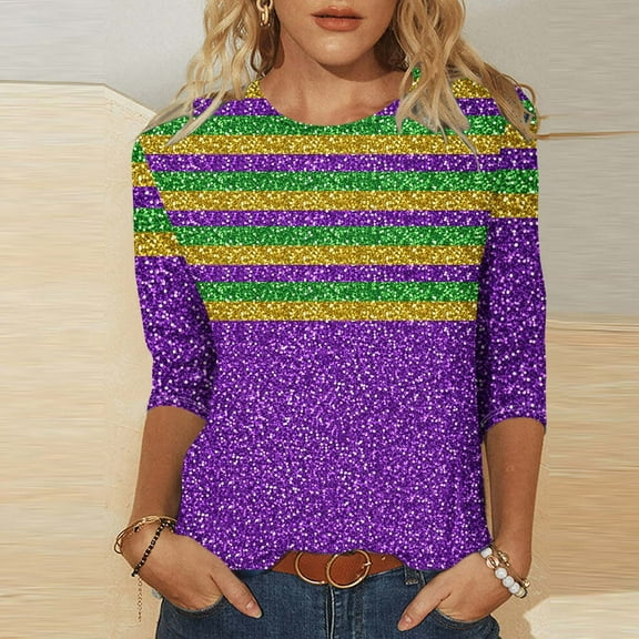 AGWOLF Mardi Gras Shirts for Women Casual Glitter Print 3/4 Sleeve Pullover Lightweight Crewneck Sequin Graphic Tops Carnival Theme Party Tee Blouse