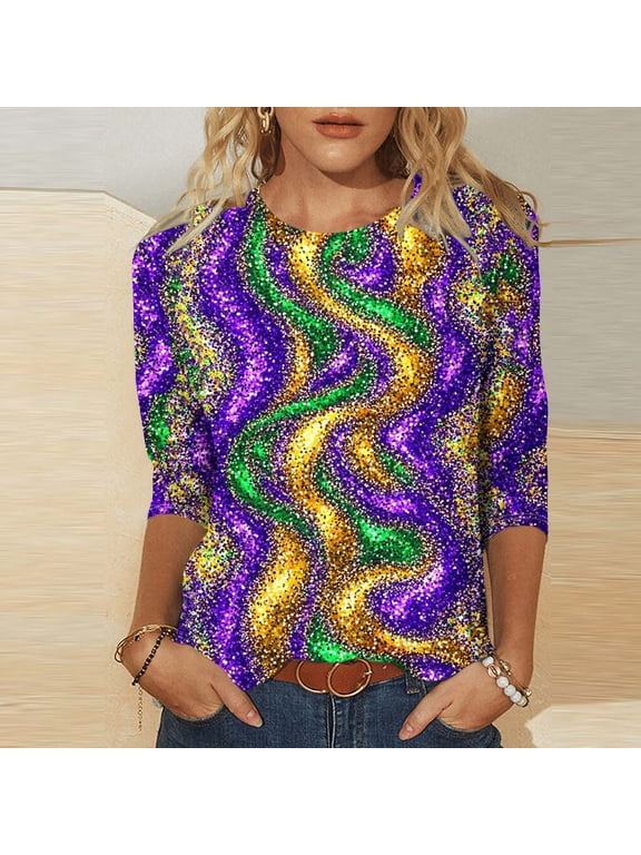 Mardi Gras Shirts for Women Casual Glitter Print 3/4 Sleeve Pullover Lightweight Crewneck Sequin Graphic Tops Carnival Theme Party Tee Blouse