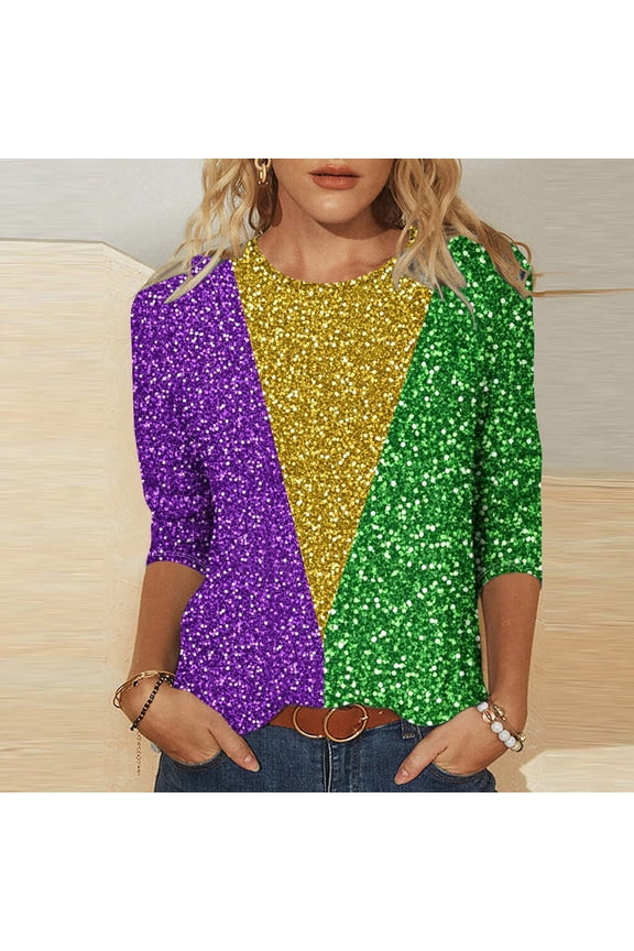 Mardi Gras Shirts for Women Casual Glitter Print 3/4 Sleeve Pullover Lightweight Crewneck Sequin Graphic Tops Carnival Theme Party Tee Blouse