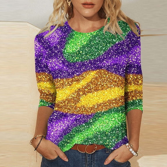 AGWOLF Mardi Gras Shirts for Women Fashion 3/4 Sleeve Sequin Printed Tops Casual Crewneck Pullovers Carnival Outfit Festival Party T-Shirts