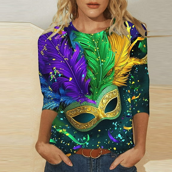 AGWOLF Mardi Gras Shirts for Women Funny Mask Graphic 3/4 Sleeve Pullover Carnival Themed Party Tops Happy Mardi Gras Day T-Shirts