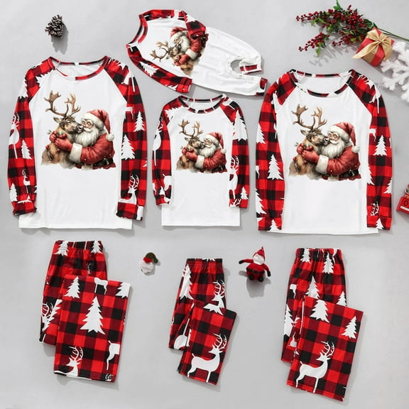 AGWOLF Matching Christmas Pajamas for Family Fashion Reindeer & Santa Claus Print Pj Tops Casual Plaid Pj Pants Xmas Party Loungewear Sets
