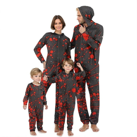 AGWOLF Matching Halloween Pajamas for Family Long Sleeve Jammies Sleepwear Halloween Bloody Print Zipper Hoodies Loungewear for Halloween Night Mom XXL