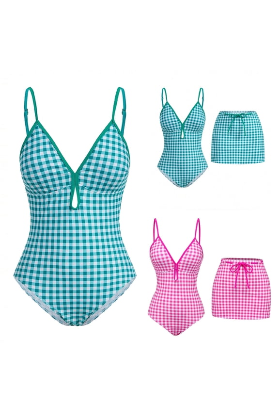 Modest One Piece Swimsuits for Women with Cover Up Skirts Full Coverage Tummy Control Plaid Bathing Suit
