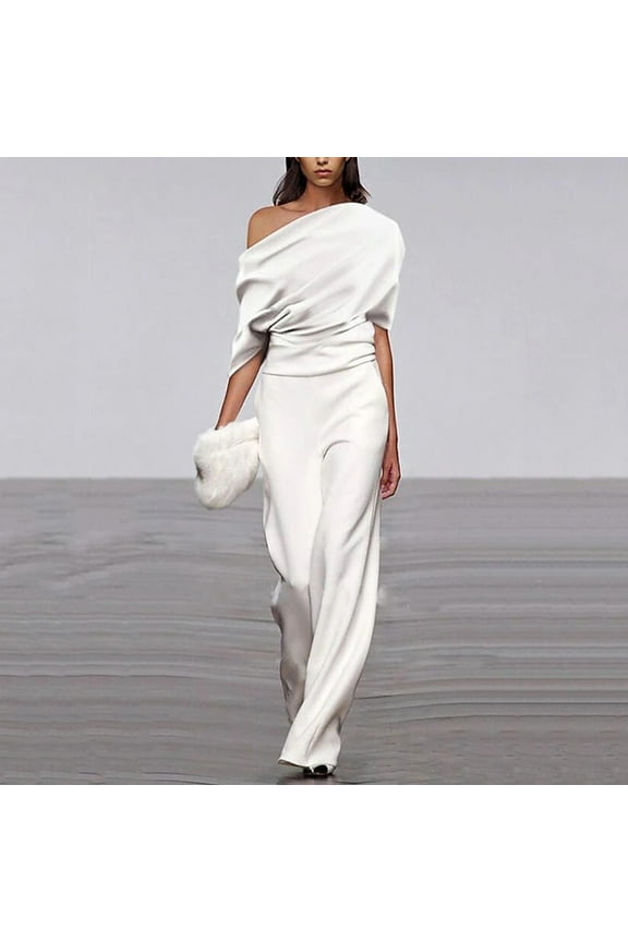 Off the Shoulder Jumpsuit for Women Dressy Wide Leg Business Long Pants Formal Asymmetric High Waist Rompers