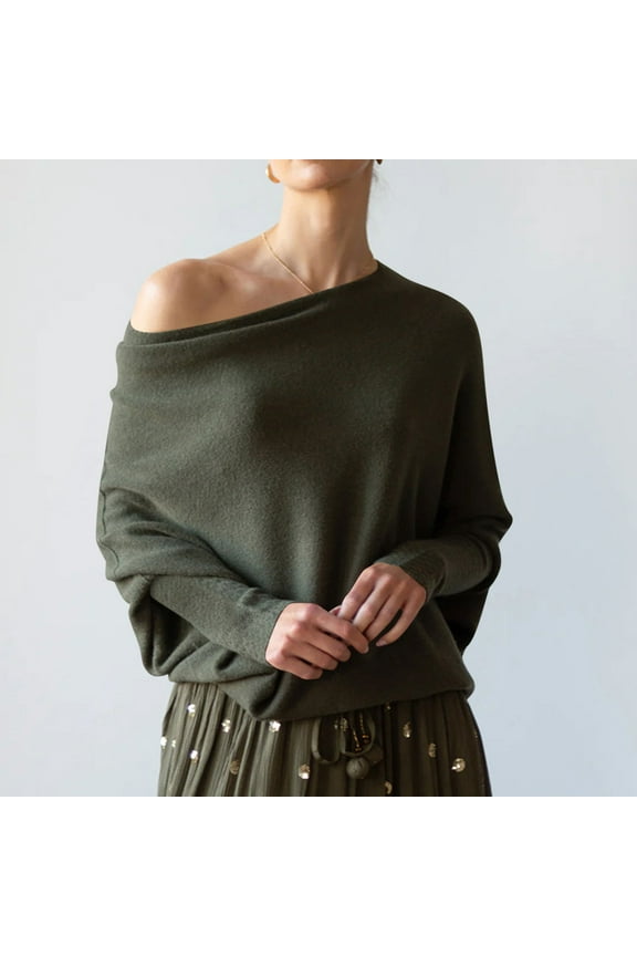 Off the Shoulder Swearter for Women Solid Cable Knit Jumper Loose Fit Long Batwing Sleeve Tops