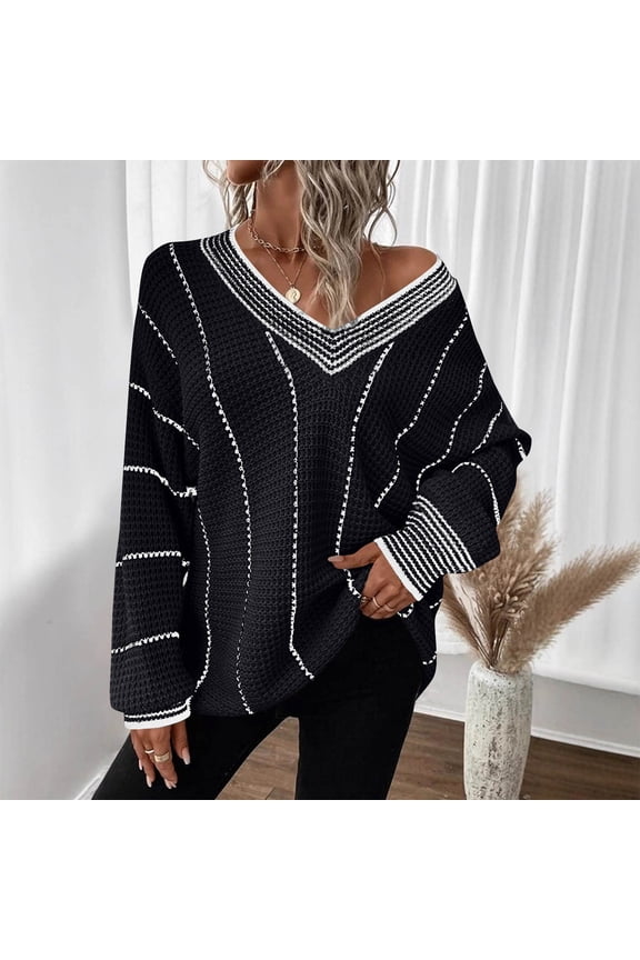 Off the Shoulder Sweater for Women Comfy V Neck Striped Pullover Oversized Long Sleeve Jumper Tops