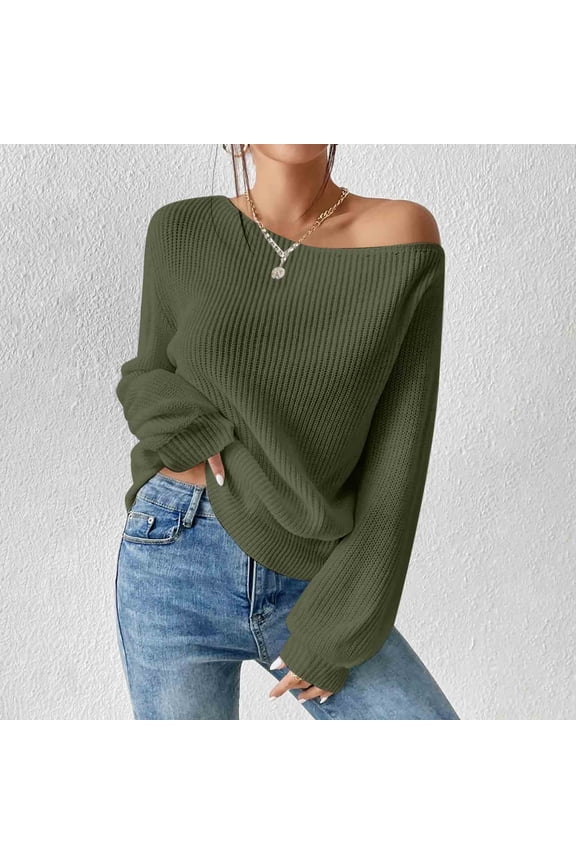 Off the Shoulder Sweater for Women Lightweight Lantern Long Sleeve Ribbed Knit Blouse Pullover Oversized Solid Basic Jumper