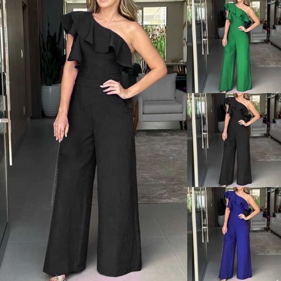 AGWOLF One Shoulder Jumpsuits for Women Business Casual Asymmetric Ruffles Sleeveless Rompers Cinched Waist Wide Leg One Piece Overalls Formal Jumpsuits Black S