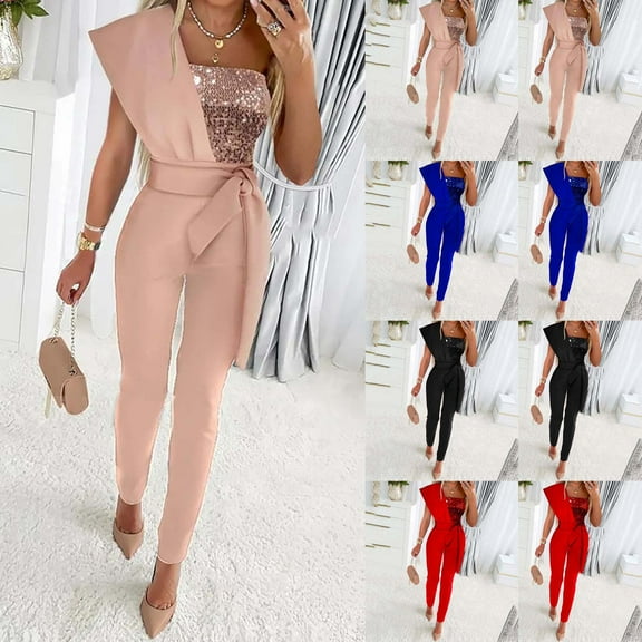 AGWOLF One Shoulder Jumpsuits for Women Dressy Sparkly Sequin Wrap Evening Jumpsuit High Waist Straight Leg Pants Pantsuits with Pockets Formal Prom Rompers Black L