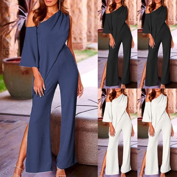 AGWOLF One Shoulder Jumpsuits for Women Formal Irregular Hem Rompers Business Casual Side Split One Piece Wedding Guest Romper Dark Blue XXL