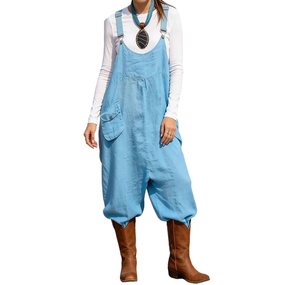 AGWOLF Overalls for Women Summer Sleeveless Adjustable Strap Bib Overall Wide Leg Jumpsuits Baggy Rompers with Pockets Blue XXL