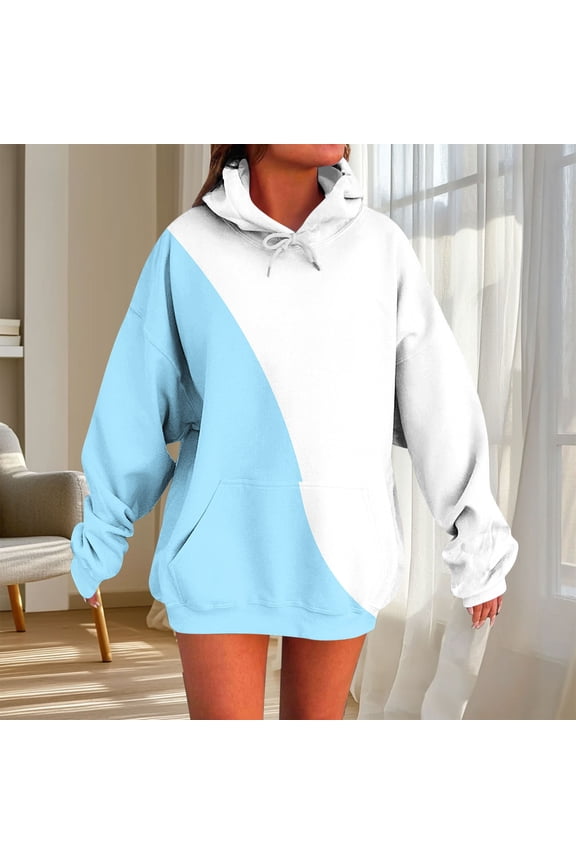Overisized Hoodies for Women Cute Colorblock Long Sleeve Sweatshirts with Kangargoo Pocket Drawstring Hooded Tops Fall Travel Shirts