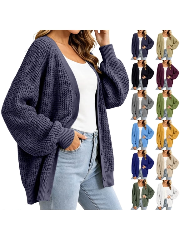 Oversized Cardigan Sweaters for Women Chunky Knit Long Sleeve Sweater Casual Button Down Cardigans V Neck Outerwear Coats Fall Winter Clothes Black XXL
