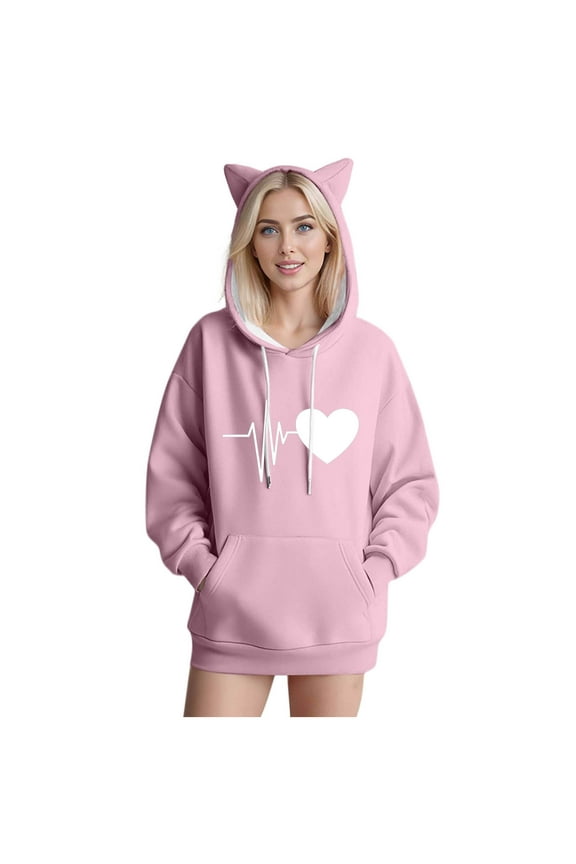 Oversized Hoodies for Women Cat Novelty ECG Printed Pullover Trendy Casual Long Sleeve Sweatshirts with Pocket