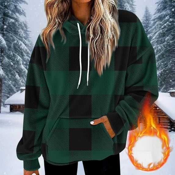 AGWOLF Oversized Hoodies for Women Fashion Checkered Fluffy Sweatshirts Vintage Aesthetic Long Sleeve Hooded Tops with Pockets