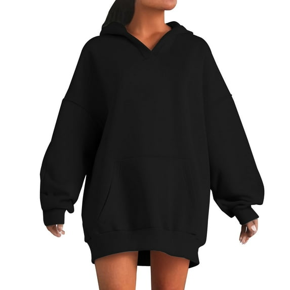 AGWOLF Oversized Hoodies for Women Fashion Solid Color V Neck Sweatshirts Long Sleeve Hooded Pullover with Pocket Fall Winter Tops