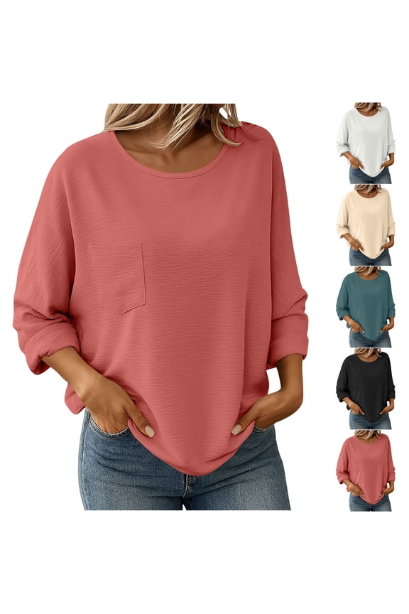 Oversized Shirts for Women Loose Fit Long Sleeve Shirt Casual Round Neck Tunic Blouses with Pockets Beach Vacation Spring Clothes Beige S