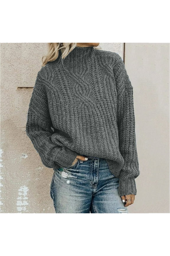 Oversized Sweater for Women Comfy Mock Neck Cable Knit Pullover Warm Solid Color Long Sleeve Tops