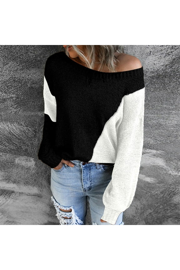 Oversized Sweater for Women Trendy Off the SHoulder Color Block Pullover Casual Knit Jumper Tops