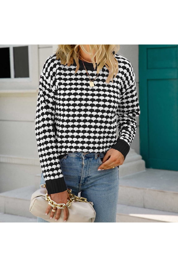 Oversized Sweaters for Women Casual Trendy Houndstooth Pattern Knit Pullover Casual Long Sleeve Jumper Tops