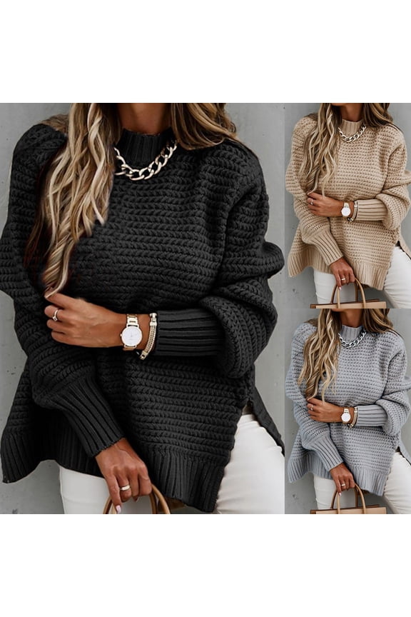 Oversized Sweaters for Women Warm Chunky Cable Knit Mock Neck Pullover Casual Lantern Long Sleeve Side Split Sweater Fall Winter Fashion Tops