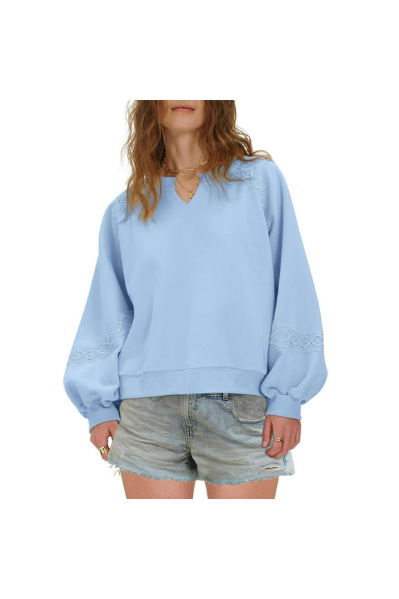 Oversized Sweatshirts for Women Trendy Embroidered Crochet V Neck Pullover Lightweight Long Sleeve Tops