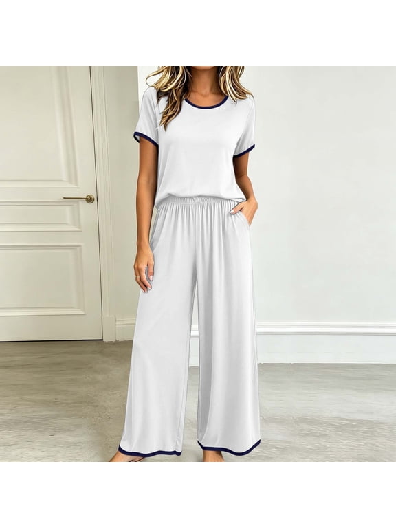 Pajama Sets for Women 2 Piece Short Sleeve Tops and Palazzo Pants Soft Modal Sleepwear Set Loose Loungewear White XXL