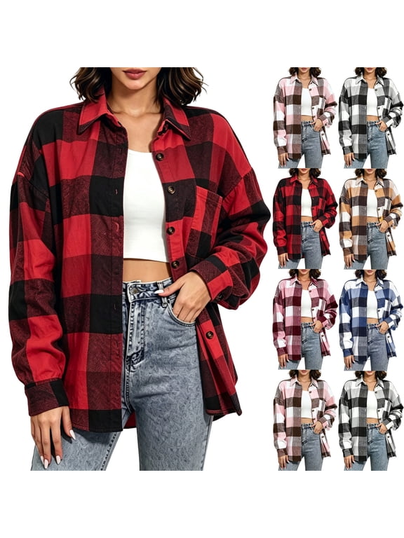 Plaid Flannel Shirts for Women Buffalo Plaid Shackets Loose Fit Long Sleeve Button Down Shirt Casual Boyfriend Top Gray XL