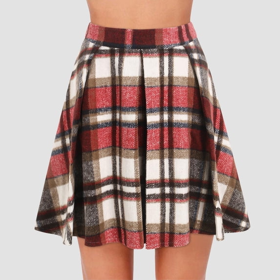 AGWOLF Plaid Mini Skirts for Women High Waisted Pleated Skirt Flared A-Line Skirt Casual Summer Skirt Red XL