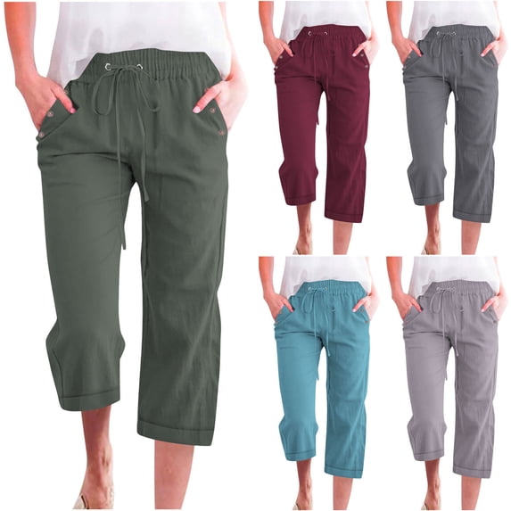 AGWOLF Plus Size Capri Pants for Women Casual Summer Linen Capris Loose Fit Drawstring Elastic Waist Dress Crop Trousers with Pockets Dark Gray M