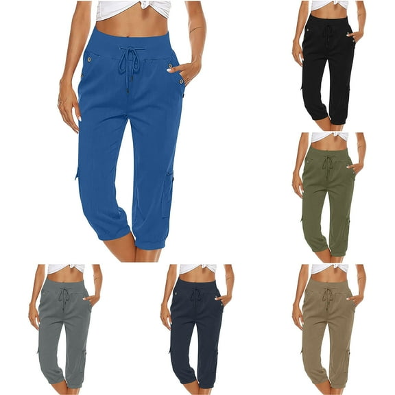 AGWOLF Plus Size Cargo Capris for Women Cotton Linen Drawstring Yoga Pants with Pockets Casual Solid Color Elastic Waist Workout Hiking Capri Pants