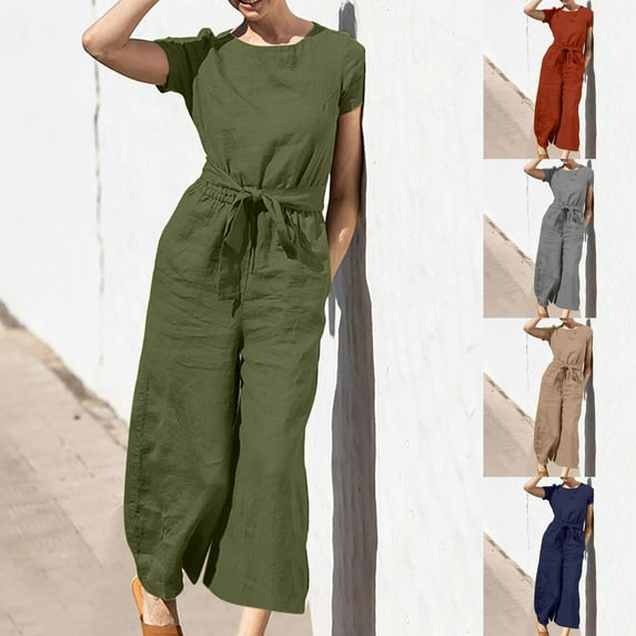 AGWOLF Plus Size Jumpsuits for Women Wide Leg Long Pants One Piece Casual Linen Belted Overalls Short Sleeve Loose Fit Rompers with Pockets Coffee XXL