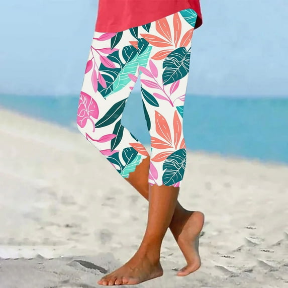 AGWOLF Plus Size Legging Capris for Women Boho Floral Capri Leggings Tummy Control High Waisted Capris Stretch Workout Yoga Pants Multicolor 2XL