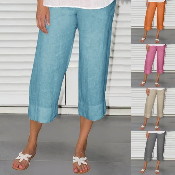 AGWOLF Plus Size Linen Capri Pant for Women Summer Beach Straight Leg Cropped Pants High Waist Loose Lightweight Capris for Resort Wear Dark Gray L