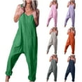 thumbnail image 1 of AGWOLF Plus Size Linen Jumpsuits for Women Loose Fit V Neck Bib Overalls Sleeveless Solid Color Rompers with Pockets Casual Summer One Piece Purple XL, 1 of 8