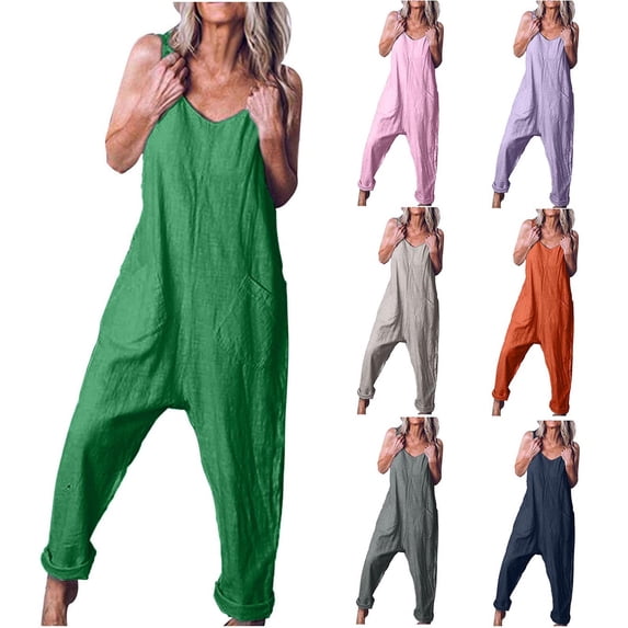 AGWOLF Plus Size Linen Jumpsuits for Women Loose Fit V Neck Bib Overalls Sleeveless Solid Color Rompers with Pockets Casual Summer One Piece Purple XL