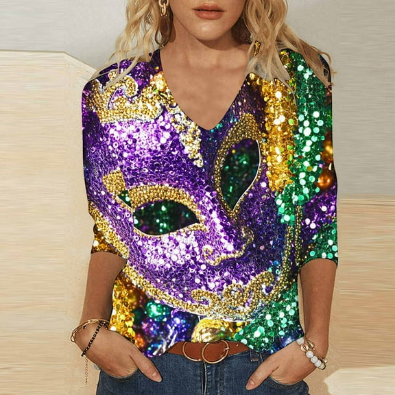 AGWOLF Plus Size Mardi Gras Shirt for Women Crewneck 3/4 Sleeve Tops Bling Graphic Pullover Fat Tuesday Party Costume