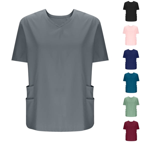 AGWOLF Plus Size Scrub Tops Women Breathable Short Sleeve V-Neck Scrub Shirts Comfortable Medical Nurse Uniforms with Pockets Wine M