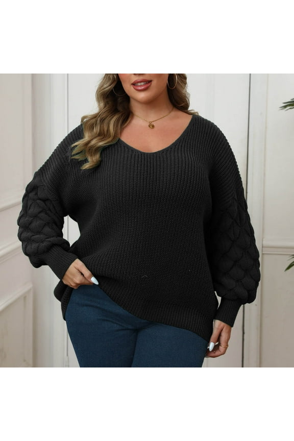 Plus Size Sweaters for Women Oversized V Neck Knit Tops Casual Solid Color Long Sleeve Pullover Fall Winter Jumper