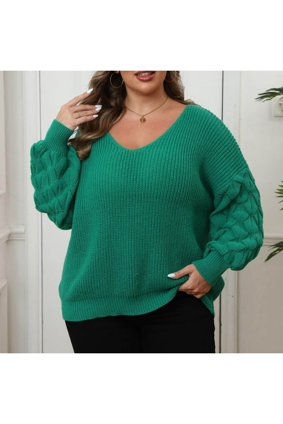 Plus Size Sweaters for Women Oversized V Neck Knit Tops Casual Solid Color Long Sleeve Pullover Fall Winter Jumper