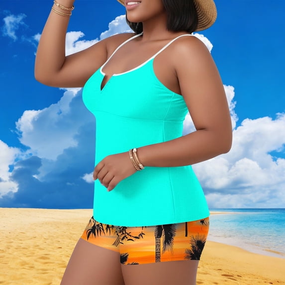 AGWOLF Plus Size Swimsuit for Women Two Piece Modest Tankini Full Coverage Tummy Control Bathing Suits with Shorts Sky Blue XL