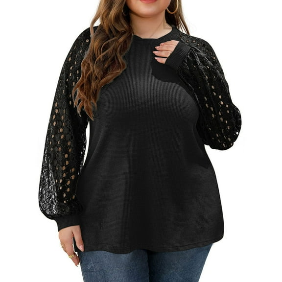 AGWOLF Plus Size Tops for Women Lace Blouse Waffle Knit Long Sleeve Womens t Shirts Casual 2025 Business Casual Blouses Tee Dressy Solid Work Tops