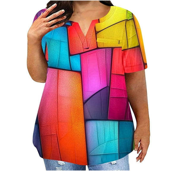 AGWOLF Plus Size Womens T Shirts Short Sleeve Casual Shirts Trendy Color Block Graphic Tee Blouses Flowy Notch V Neck Tunic with Front Pocket Curvy Hem Tunic Tops